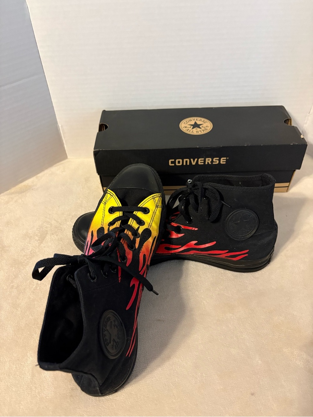 Converse Kids Black High-Top Sneakers with Yellow and Red Flame Print